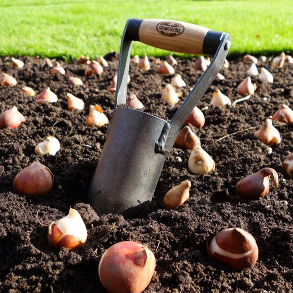 A DeWit British bulb planter tool in a large flower bed of bulbs waiting to get planted.