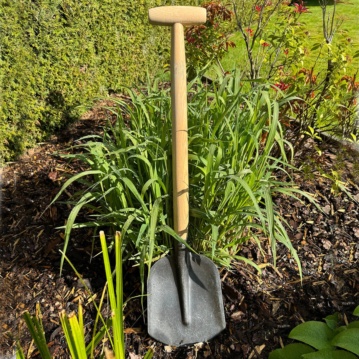 DeWit Rounded Shovel with T-handle and forged steel head in garden setting.