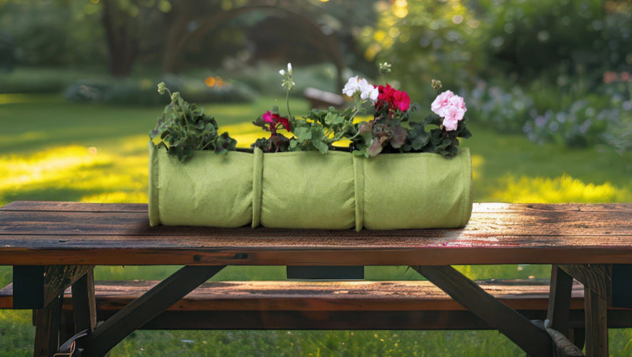 Haxnicks Vigoroot Plant Tube planter on a picnic table in a luscious backyard