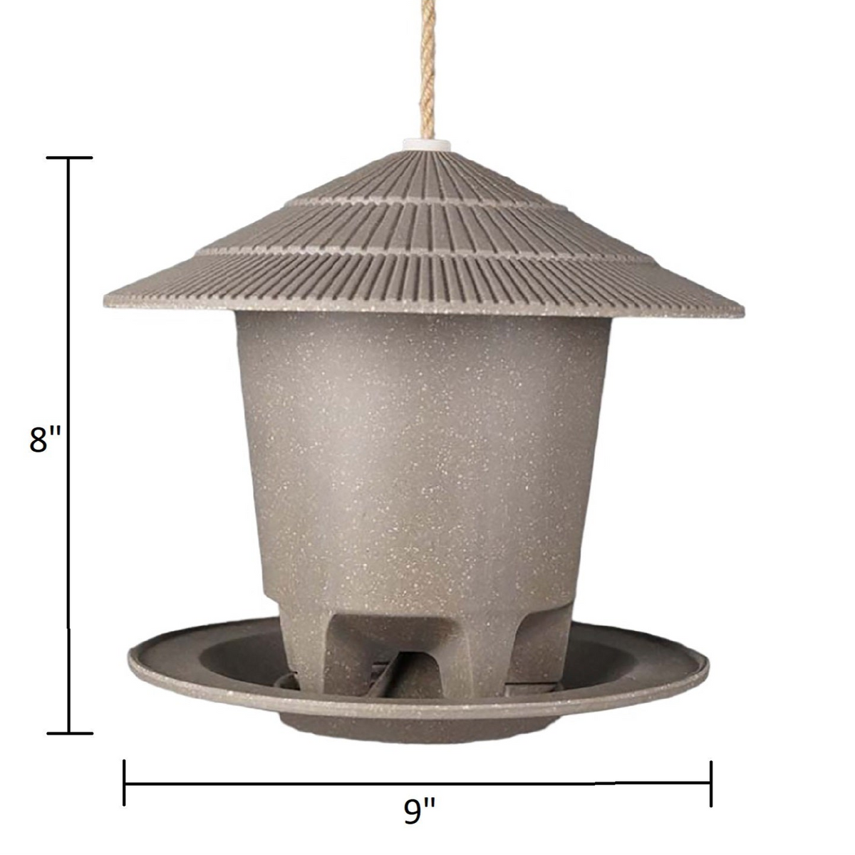 Earthy sustainable round bird feeder made from straw, 8.6&quot; diameter, 7.5&quot; height, vegan-friendly.