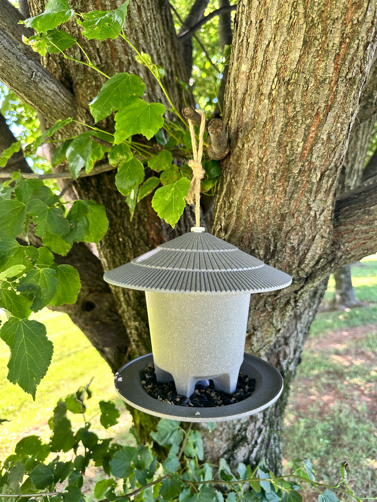 Deluxe Round Bird Feeder made from straw, hanging outdoors on a tree.
