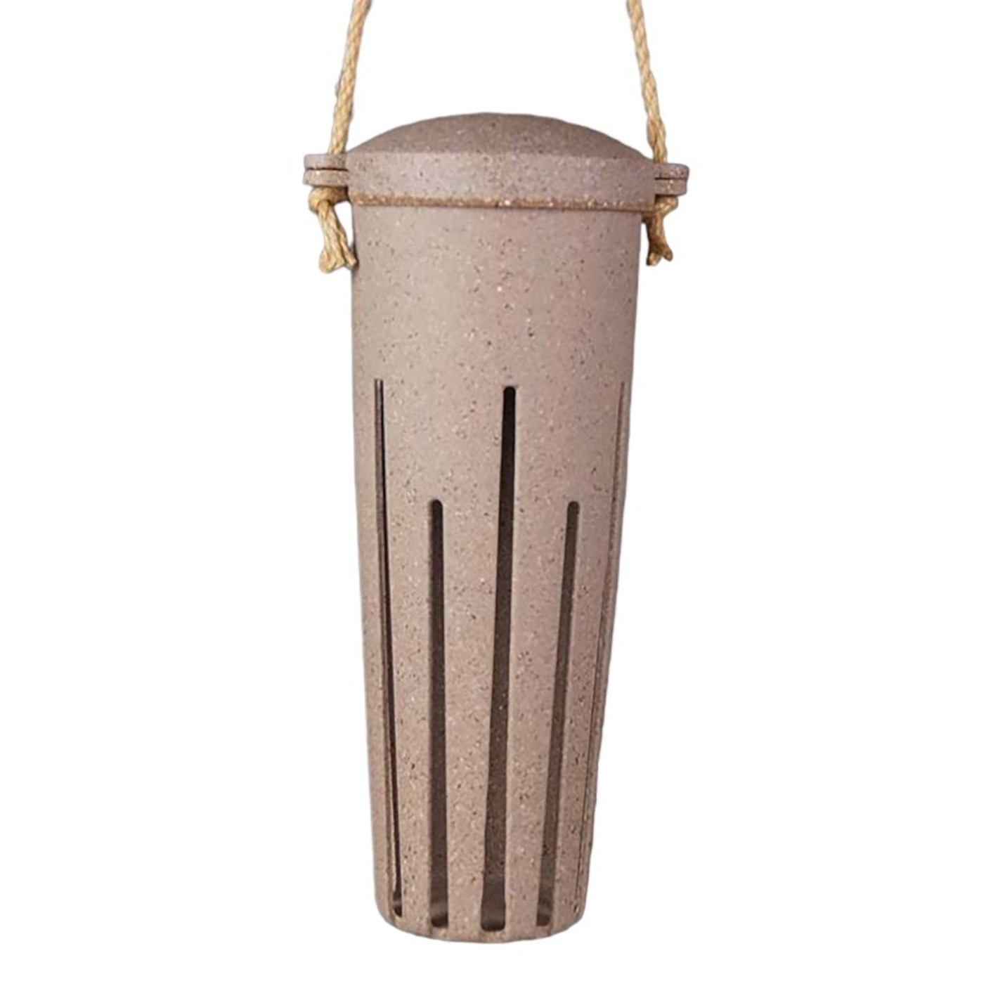 Earthy sustainable peanut bird feeder made from nut husks, measuring 9.25" high, eco-friendly and frost-proof.