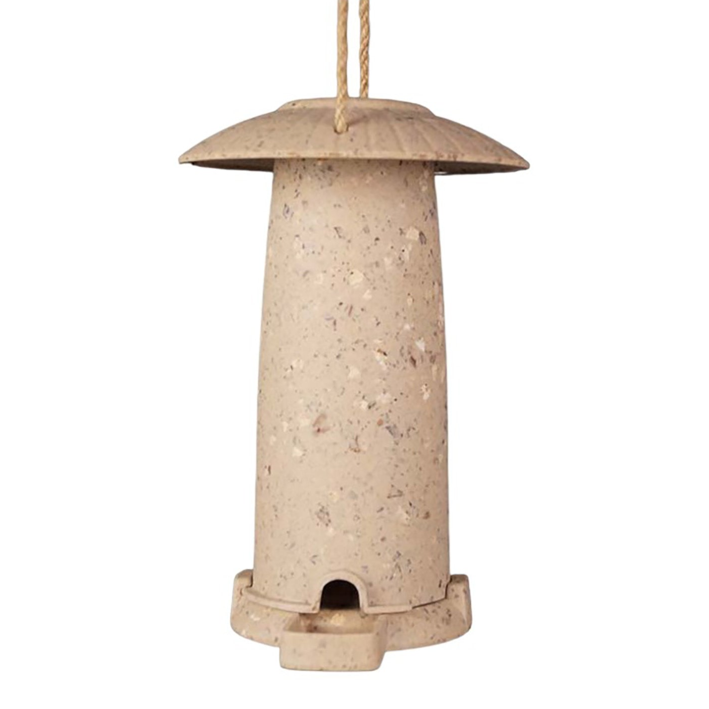 Sustainable seed feeder made from coffee husks, eco-friendly and frost-proof.