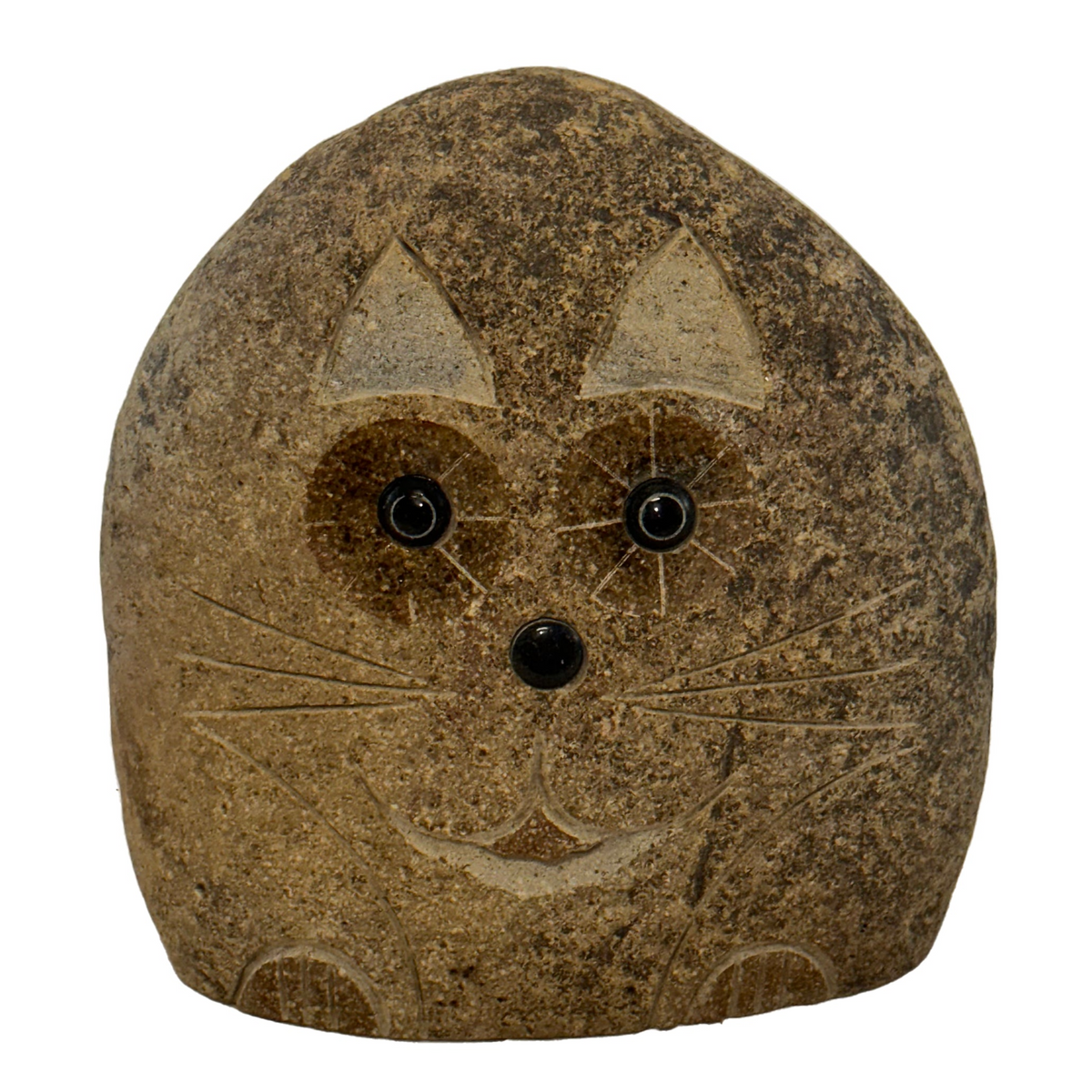Hand carved natural granite 12&quot; boulder stone cat with unique details, ideal for garden decor.