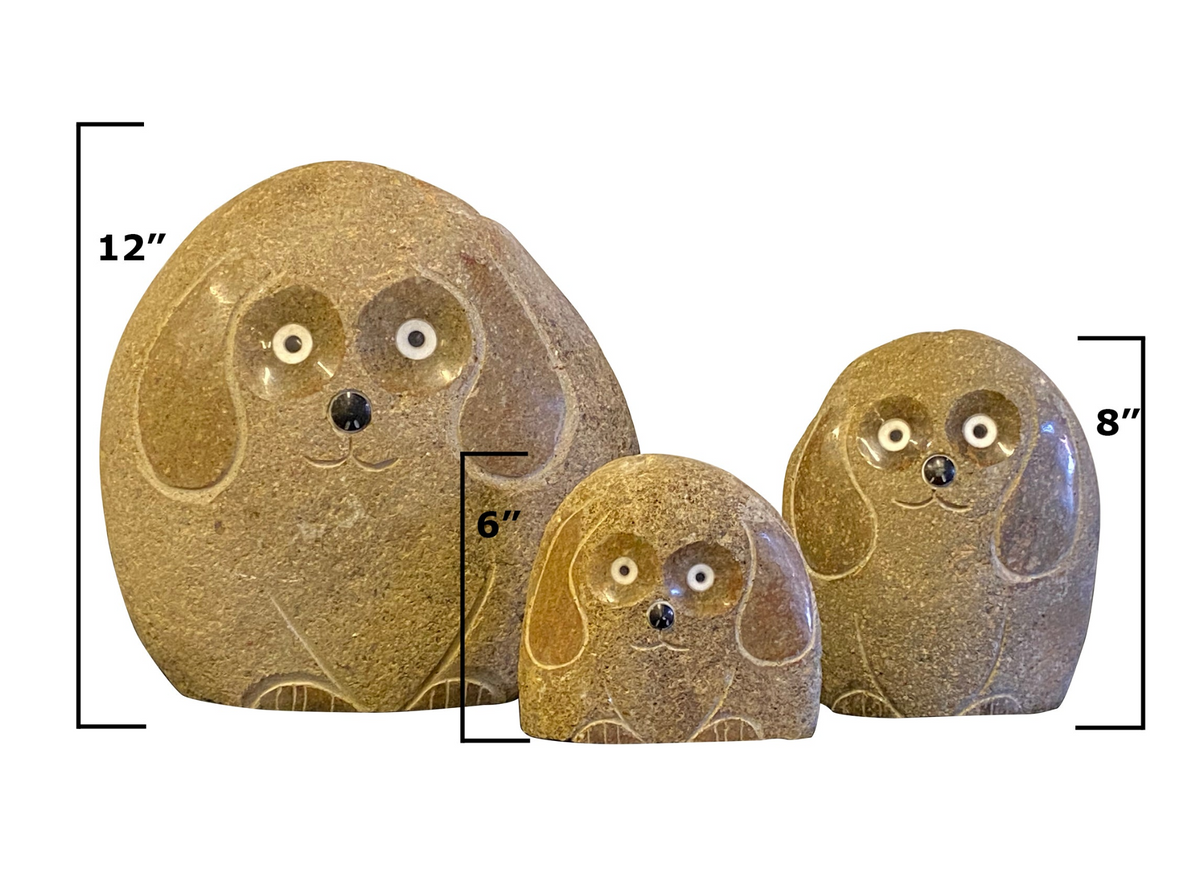Hand-carved granite boulder stone dogs set; 6-inch, 8-inch, 12-inch sizes.
