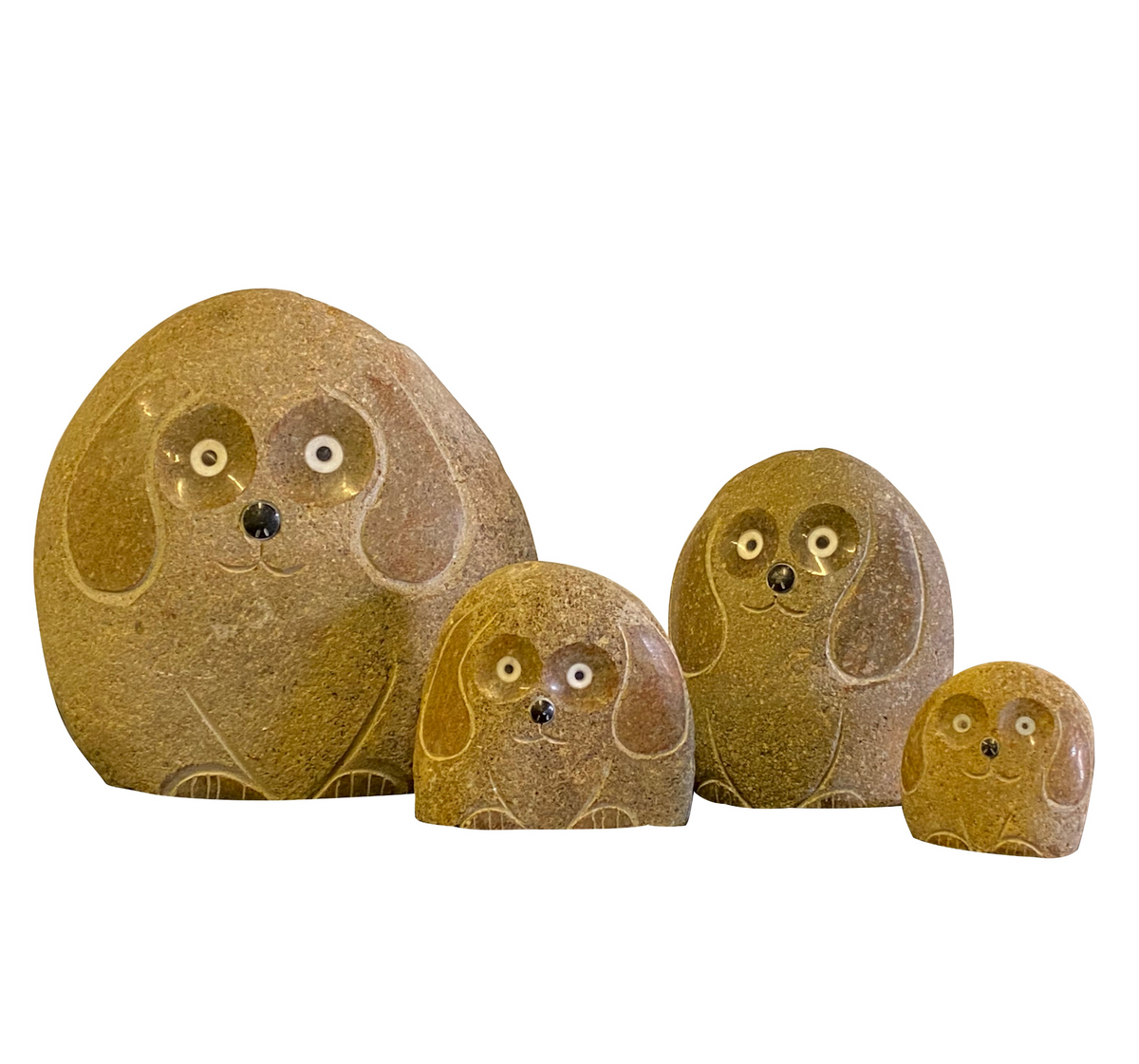 Hand-carved granite boulder stone dogs, set of 4 sizes, eco-friendly garden decor.