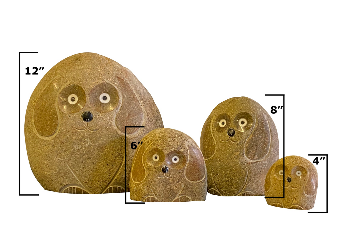 Family of hand-carved granite boulder stone dogs in four sizes from 4&quot; to 12&quot;.