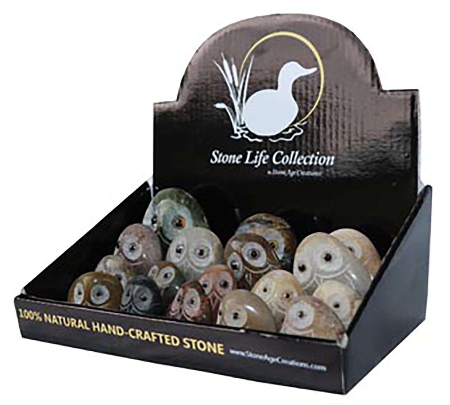 1" handcrafted colored pebble owl display box with 36 unique stone figurines.