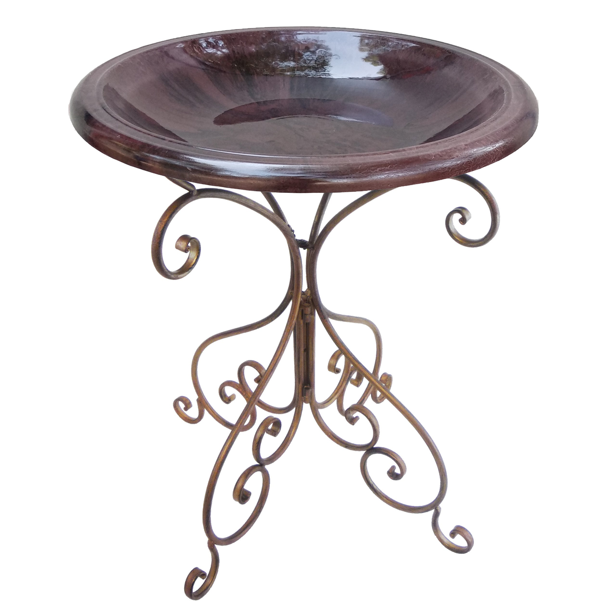 Antique brown fiber clay birdbath top with antique bronze metal stand, garden decor.