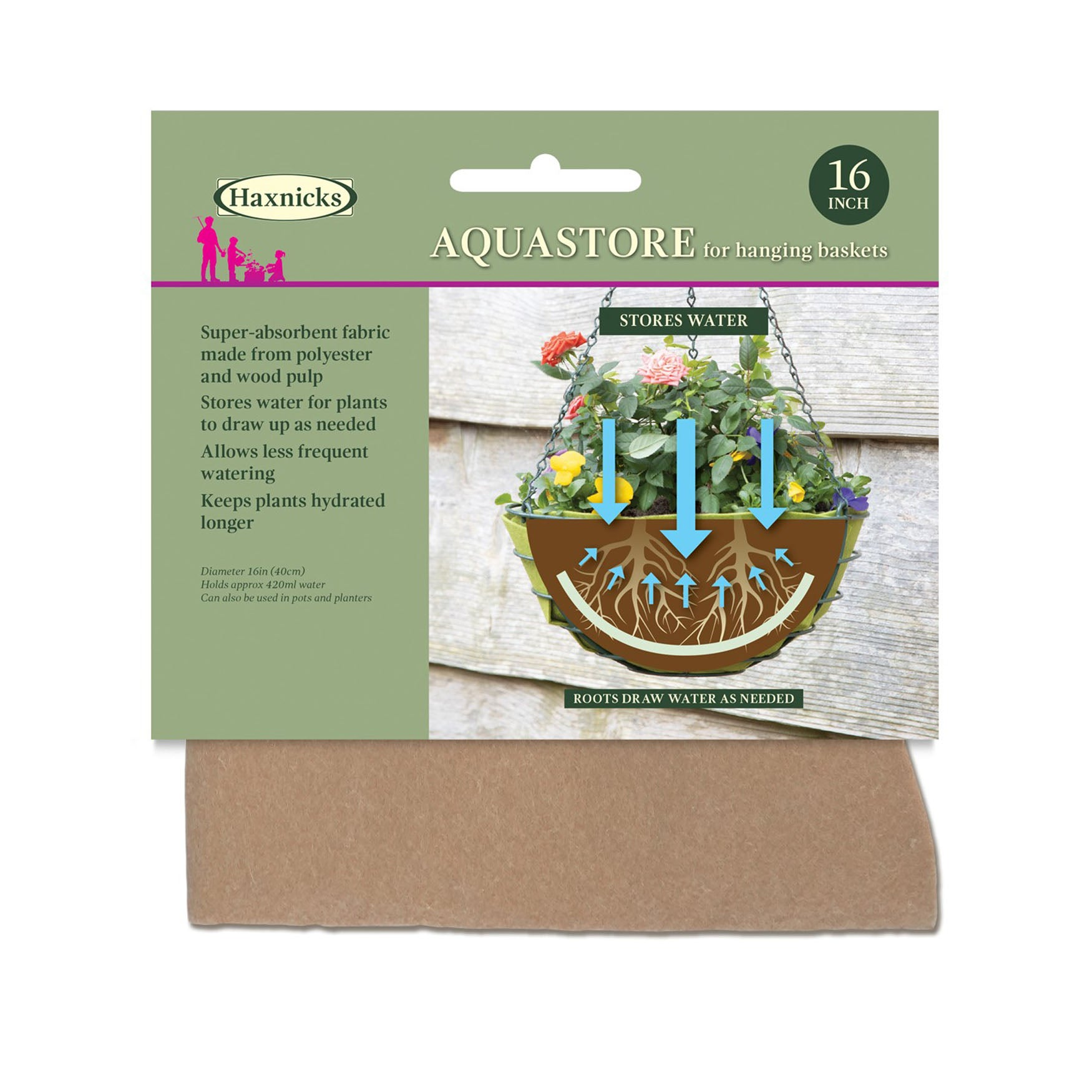 16" AquaStore Hanging Basket Liner packaging showing water retention and plant hydration benefits.