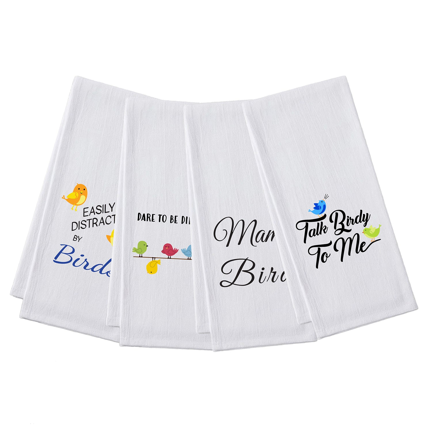 Bird themed floursack kitchen towels, four pack with cute bird designs.