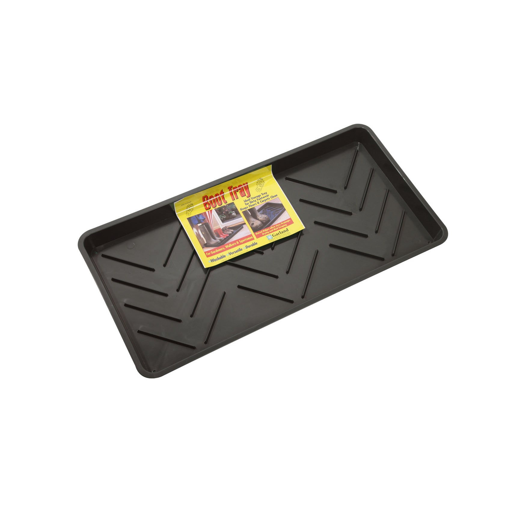 Black boot tray, 31" recycled polypropylene with raised ridges for easy mud scraping and drainage.