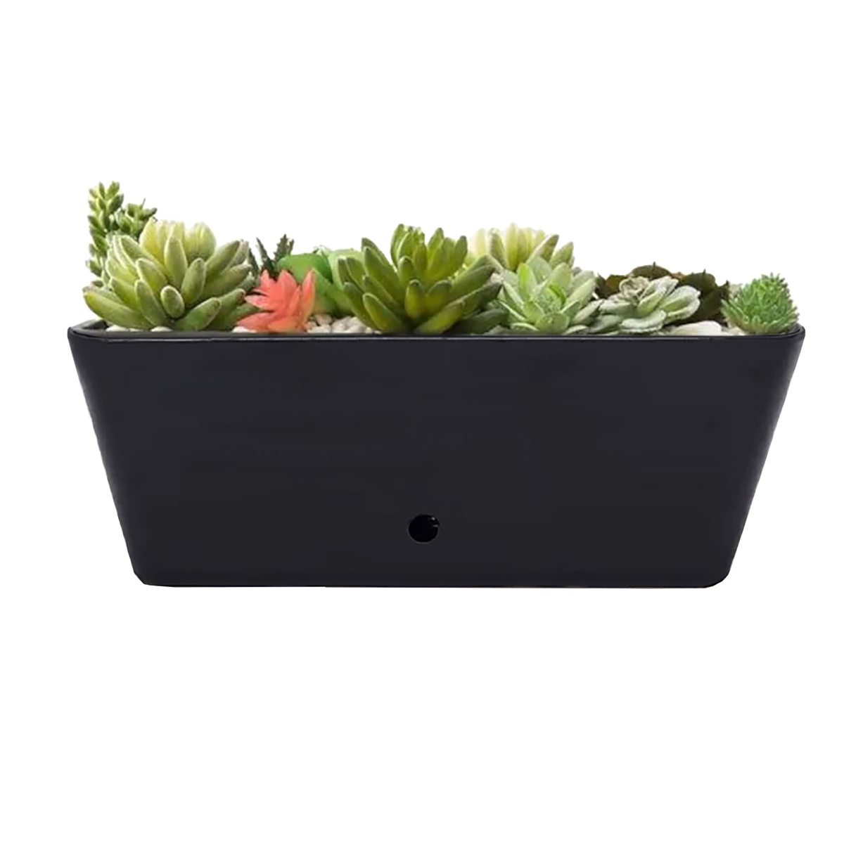 16&quot; black rectangular bamboo self-watering indoor/outdoor planter with succulents.