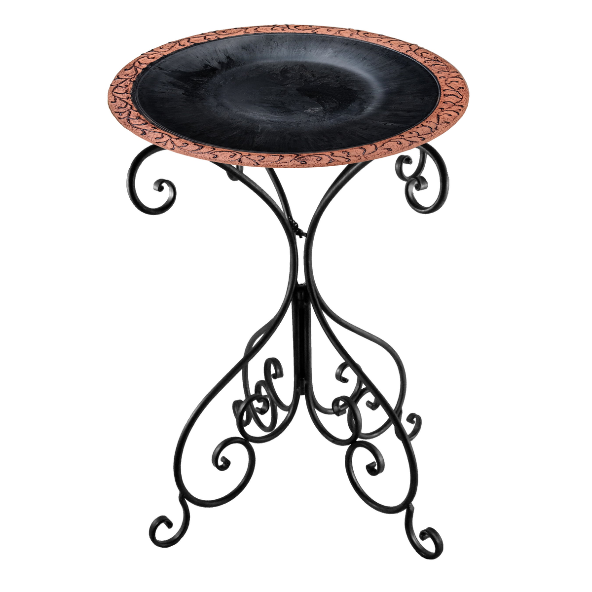 Black and red birdbath with design rim, fiber clay 19&quot; diameter, 25&quot; H black metal stand.