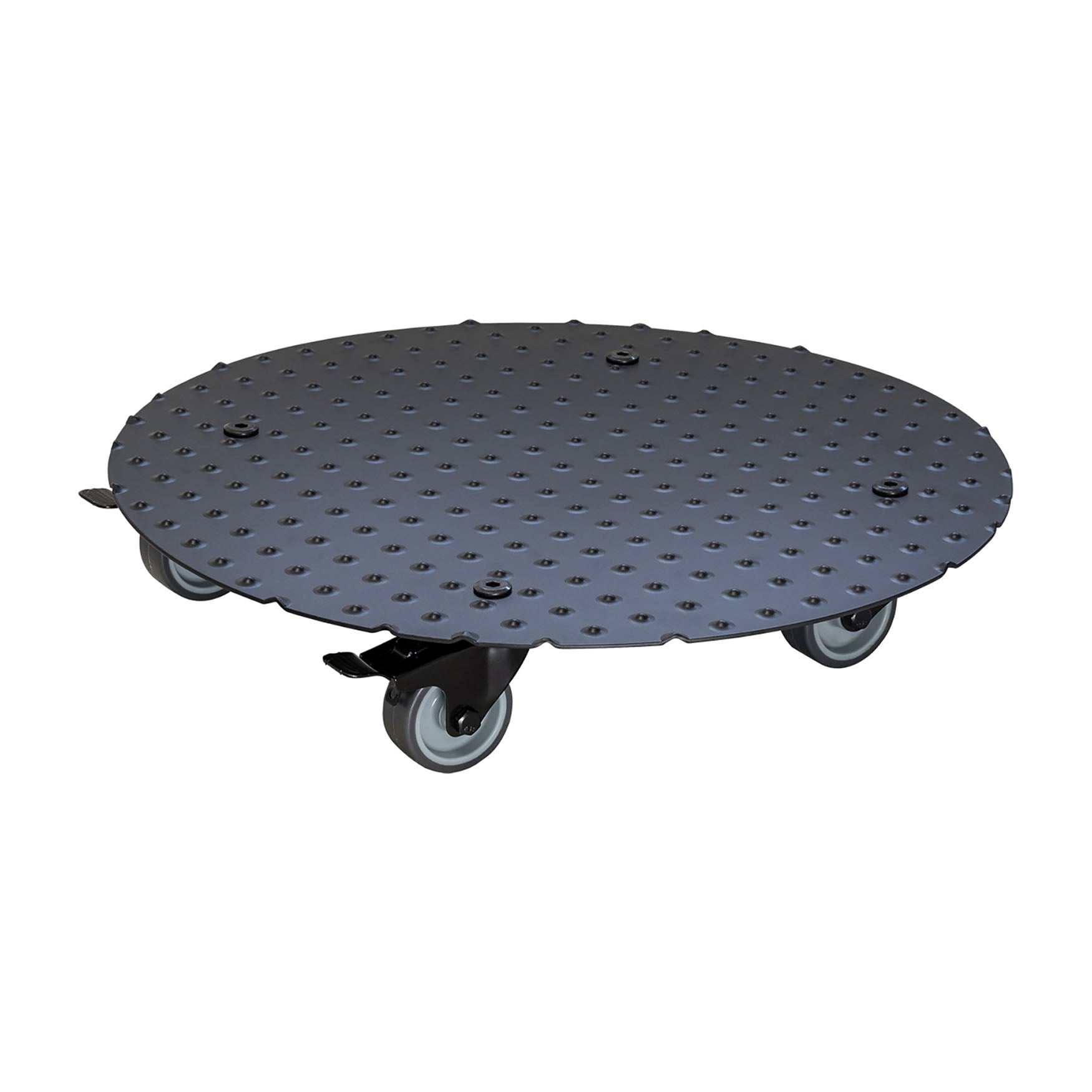 15" black round aluminum plant caddy with brakes, 331 lbs capacity, soft casters, rust-free design.