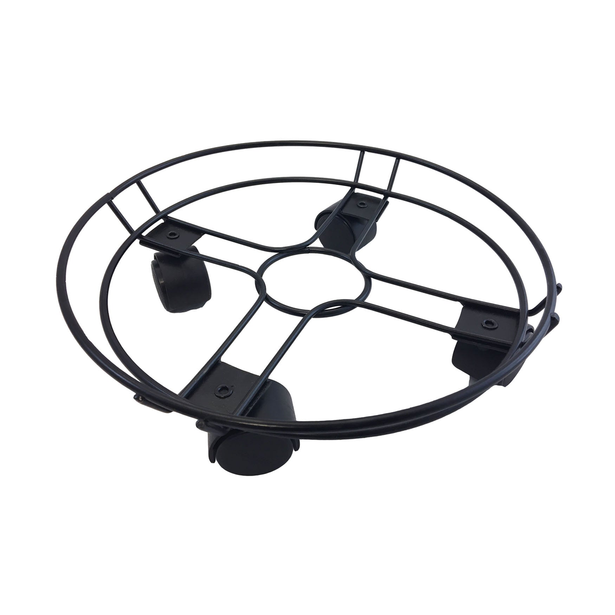 11.8&quot; black round wire indoor plant caddy with twin wheel casters for easy movement.