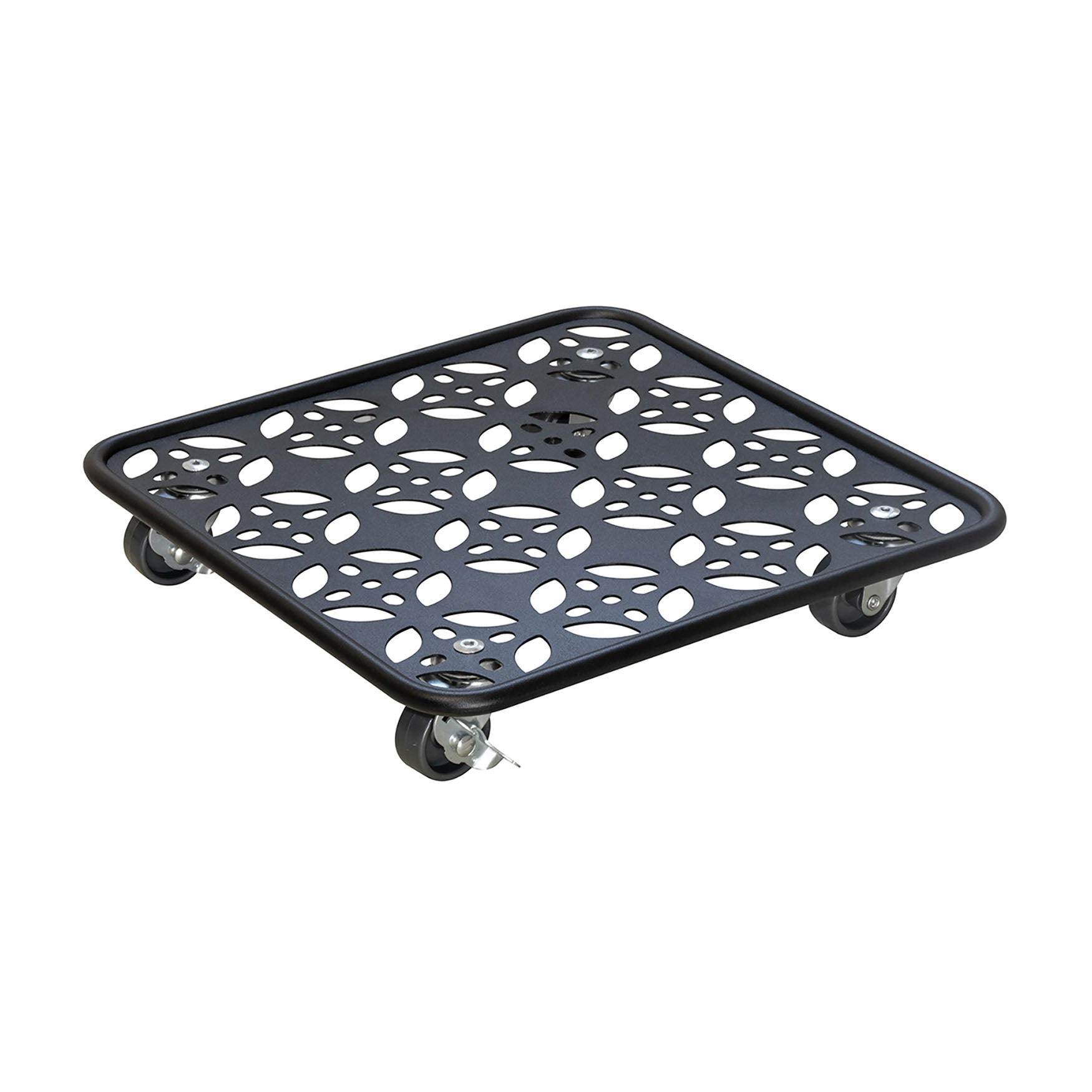 11.8" black square plant caddy with flower design, steel construction, dual-wheel casters and brakes, indoor/outdoor use.