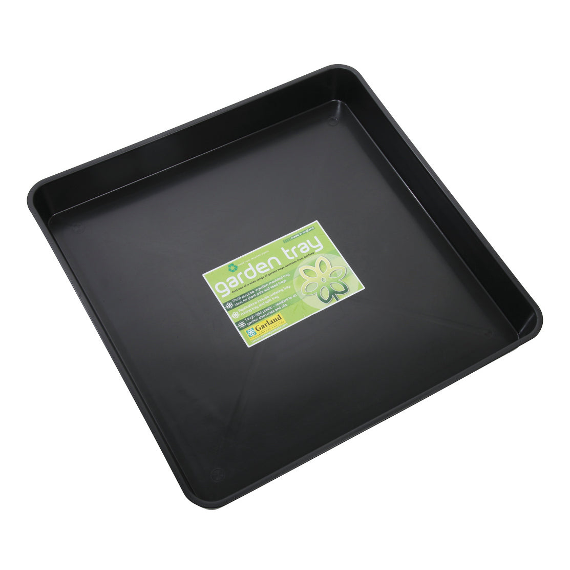 23&quot; black square garden tray made from recycled polypropylene for greenhouse staging and hydroponics.