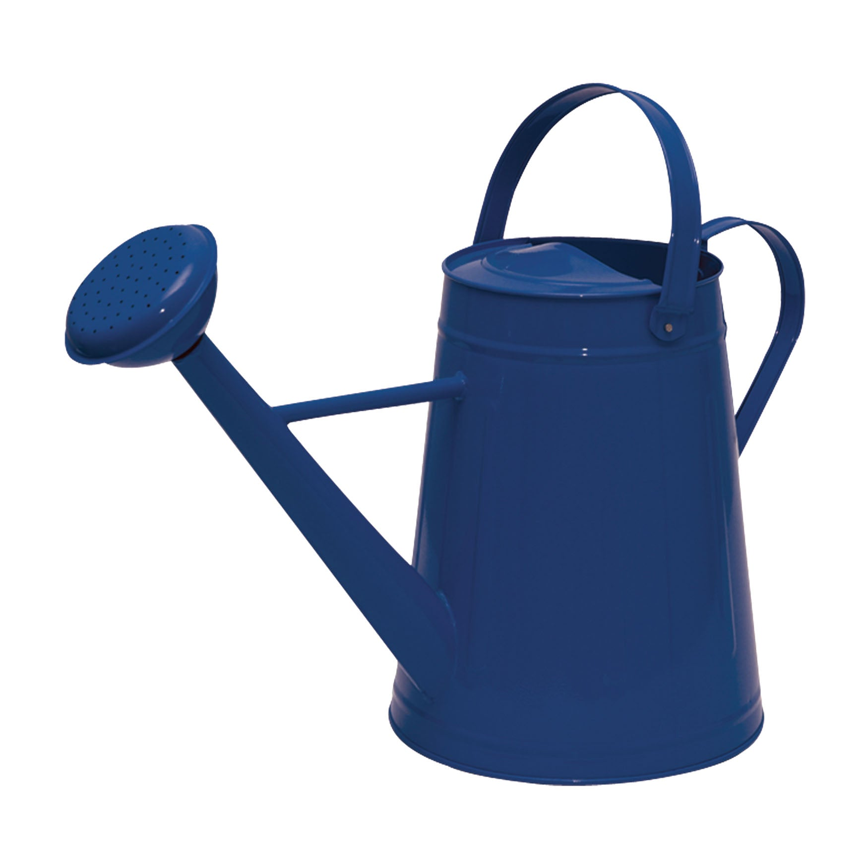 Blue metal traditional watering can, 2.1-gallon capacity, dual handles, durable galvanized steel.