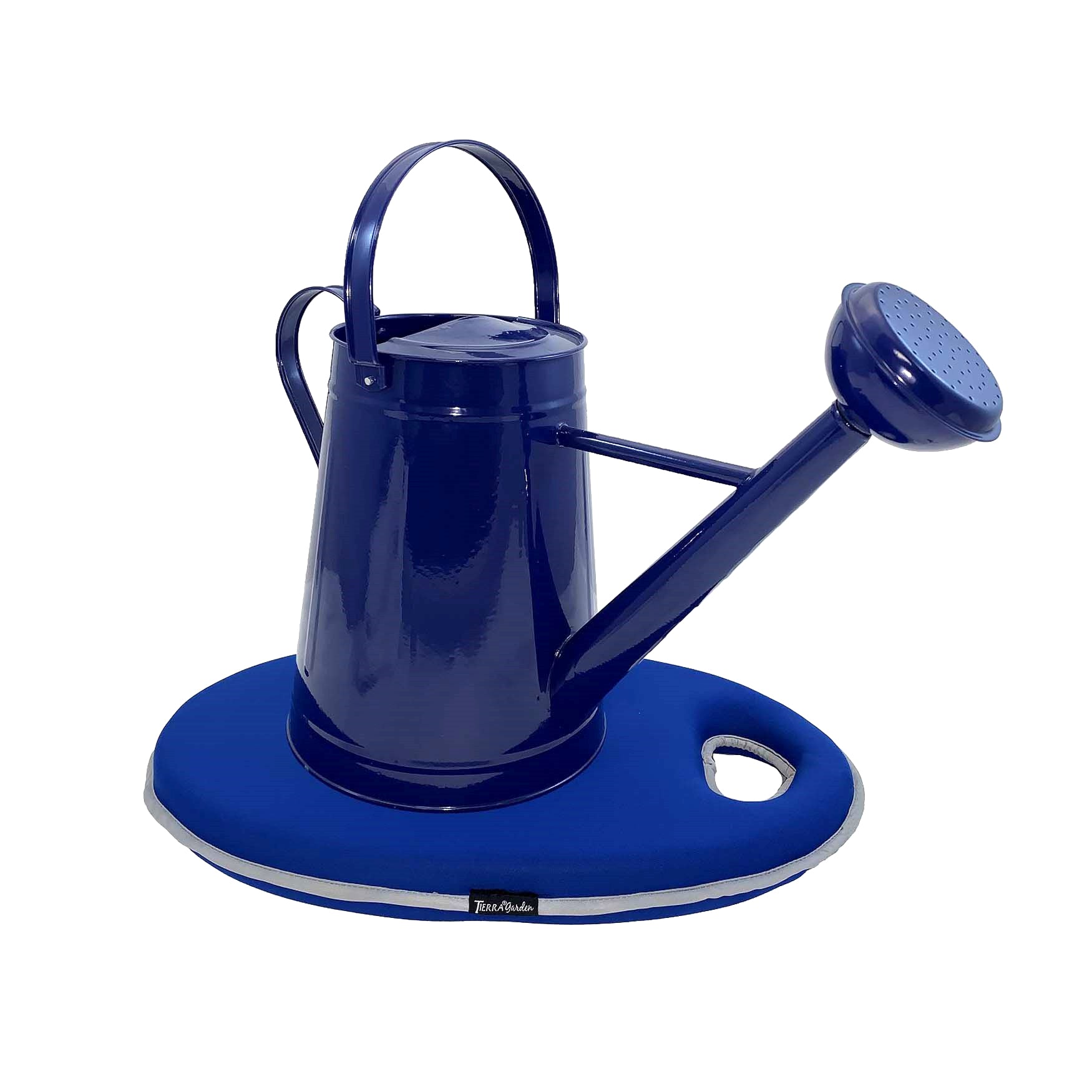 Blue traditional metal watering can with memory foam kneeling cushion.