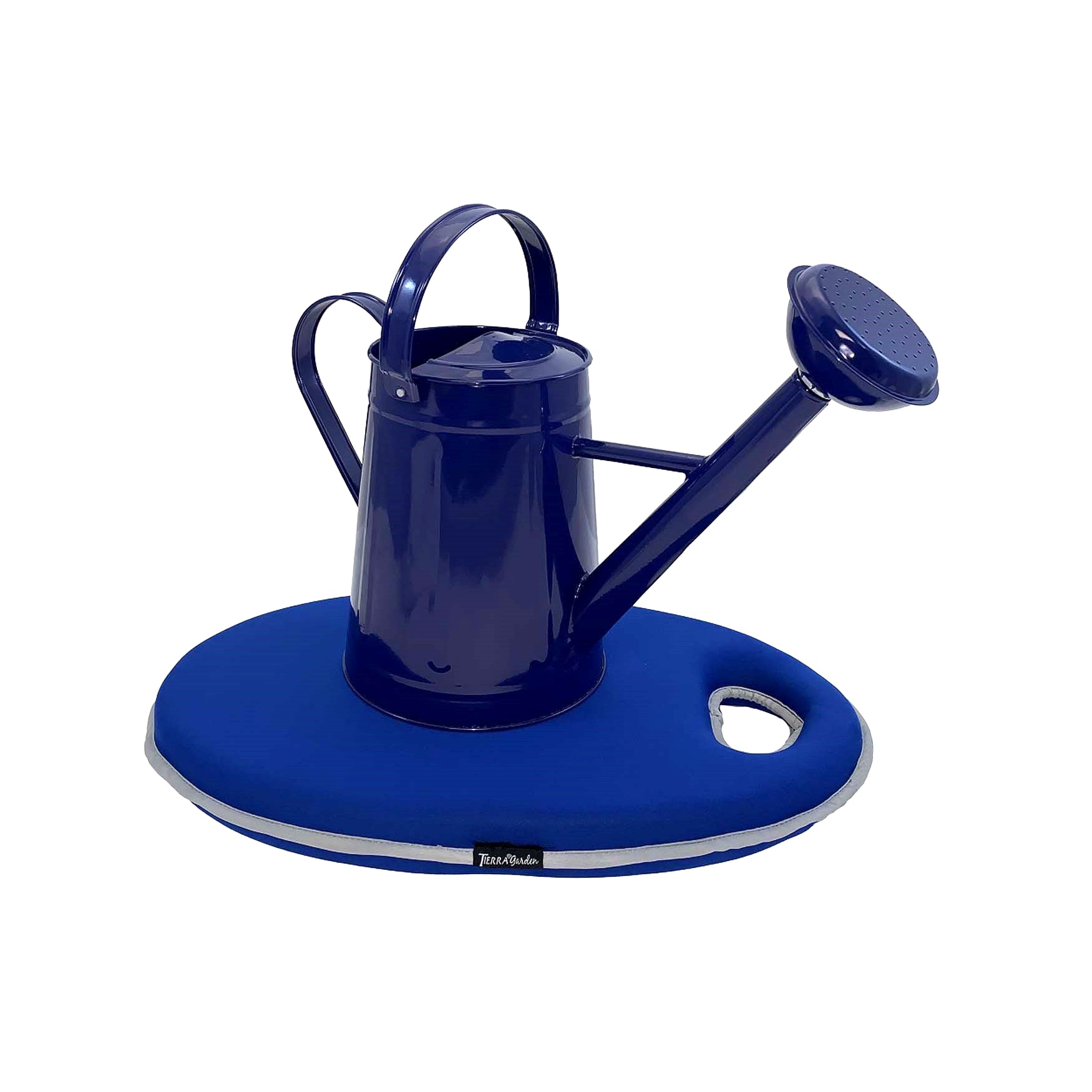 Blue 1.2-gallon metal watering can and memory foam kneeling cushion set, suitable for gardening and seating.