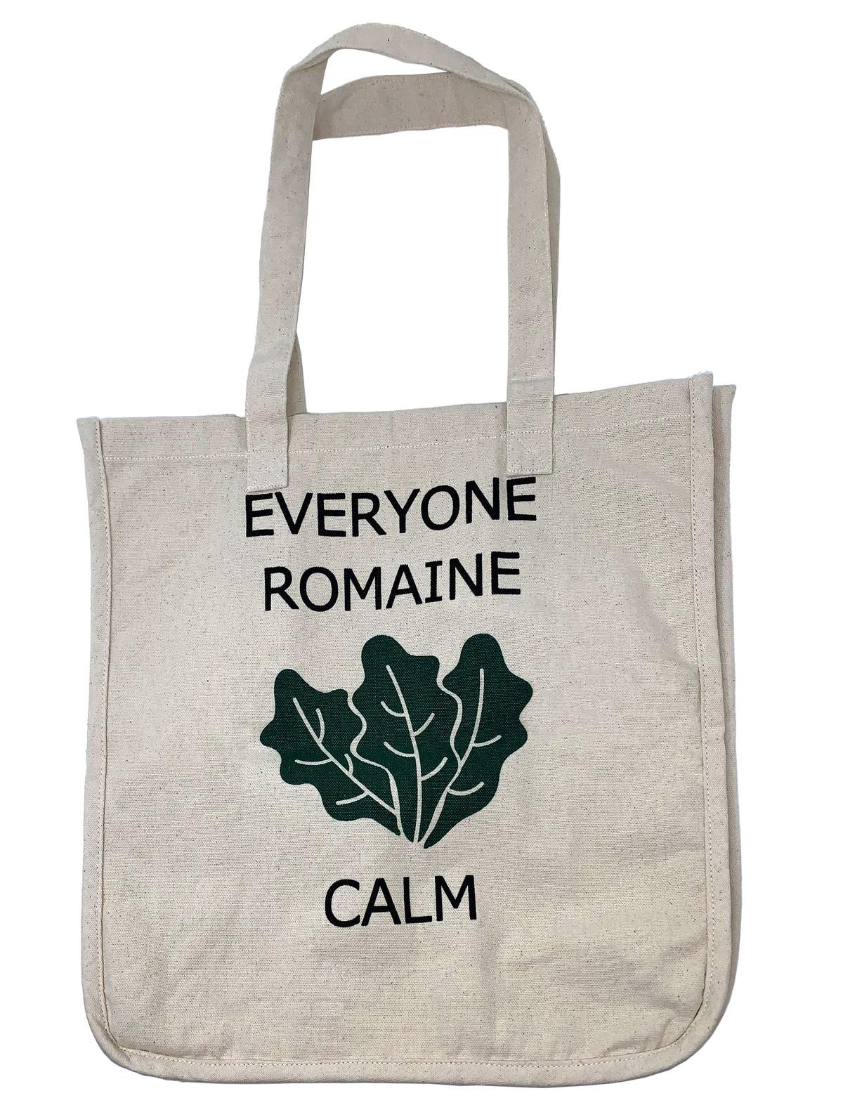 Canvas Reusable Tote Bag, &quot;Everyone Romaine Calm&quot; design, natural beige, 100% cotton, 14&quot;x14&quot;x7&quot;.