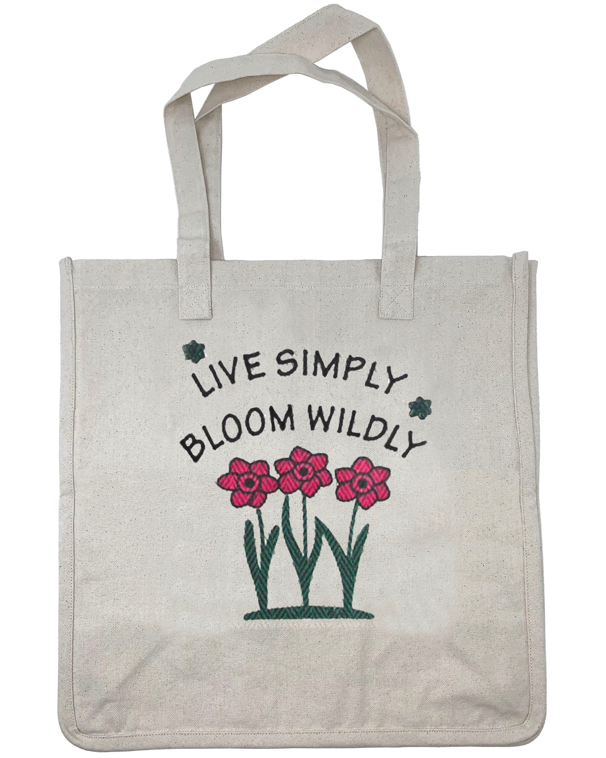 Canvas reusable tote bag with "Live Simply Bloom Wildly" design, 14" x 14" x 7", 100% cotton canvas.