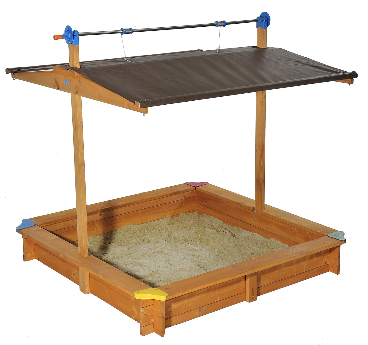 Children&#39;s wooden sandbox with retractable roof, UV protection, and bench seating.