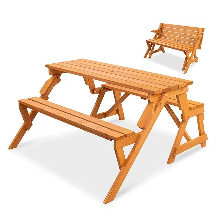 2 in 1 convertible picnic table and bench made from Canadian Hemlock hardwood, switches easily for versatile outdoor seating.