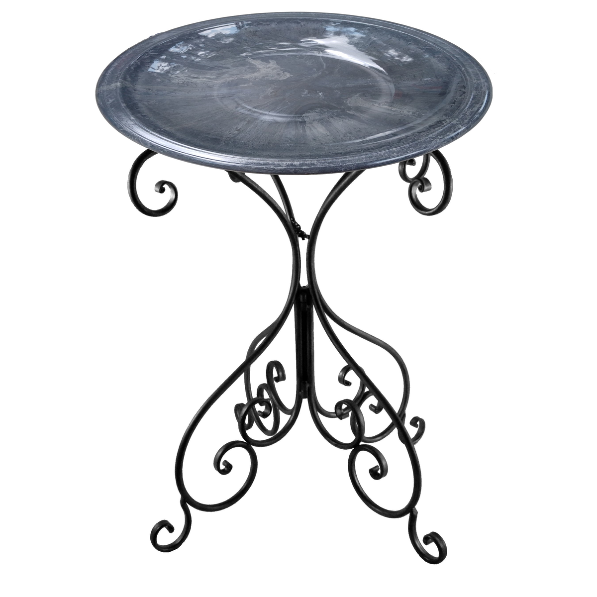 Cool gray fiber clay birdbath on black metal stand, 19&quot; diameter top, 25&quot; height.