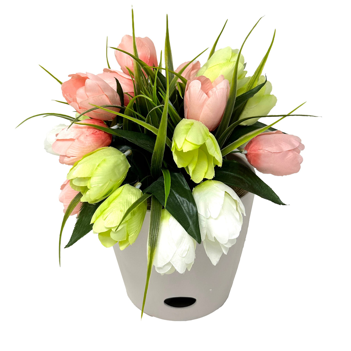 7&quot; cream round bamboo self-watering plant pot with colorful tulips.