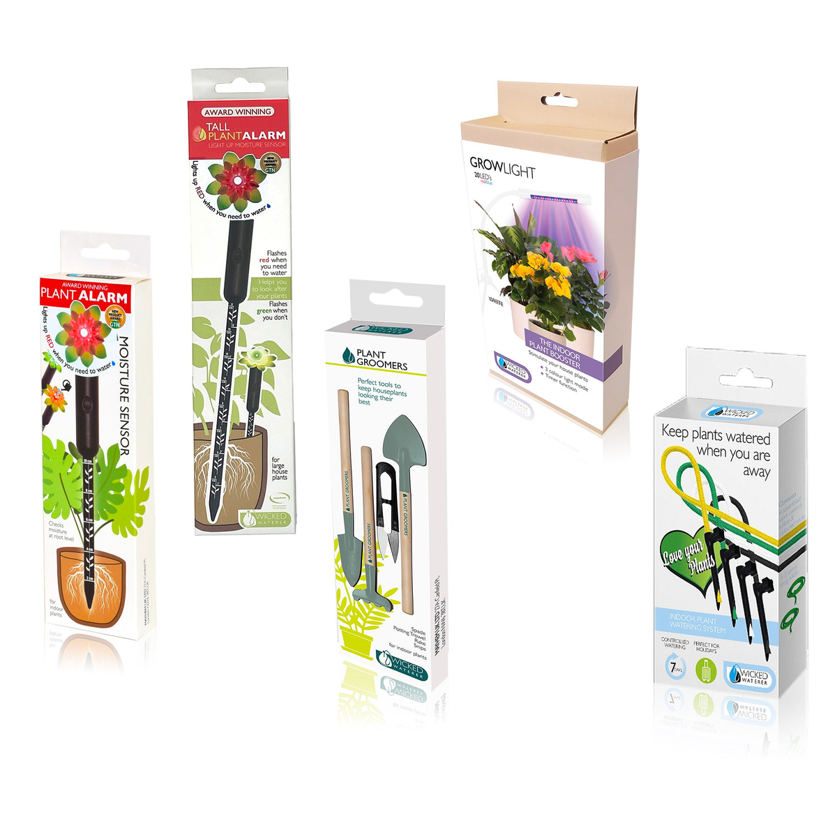 Deluxe 5 Pc Indoor Plant Kit with Standard &amp; Tall Moisture Alarms, Grooming Kit, 4 Spike Watering Kit, and Grow Light.