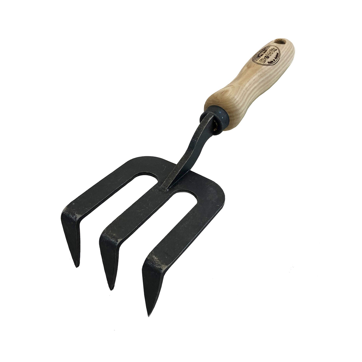 DeWit Bent Tine Fork with hardwood ash handle and strong tines, ideal for gardening tasks, 10.2&quot; total length.