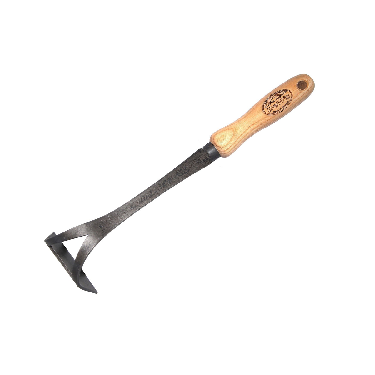 DeWit Bio Onion Hoe with ash handle and 3-inch wide steel head.