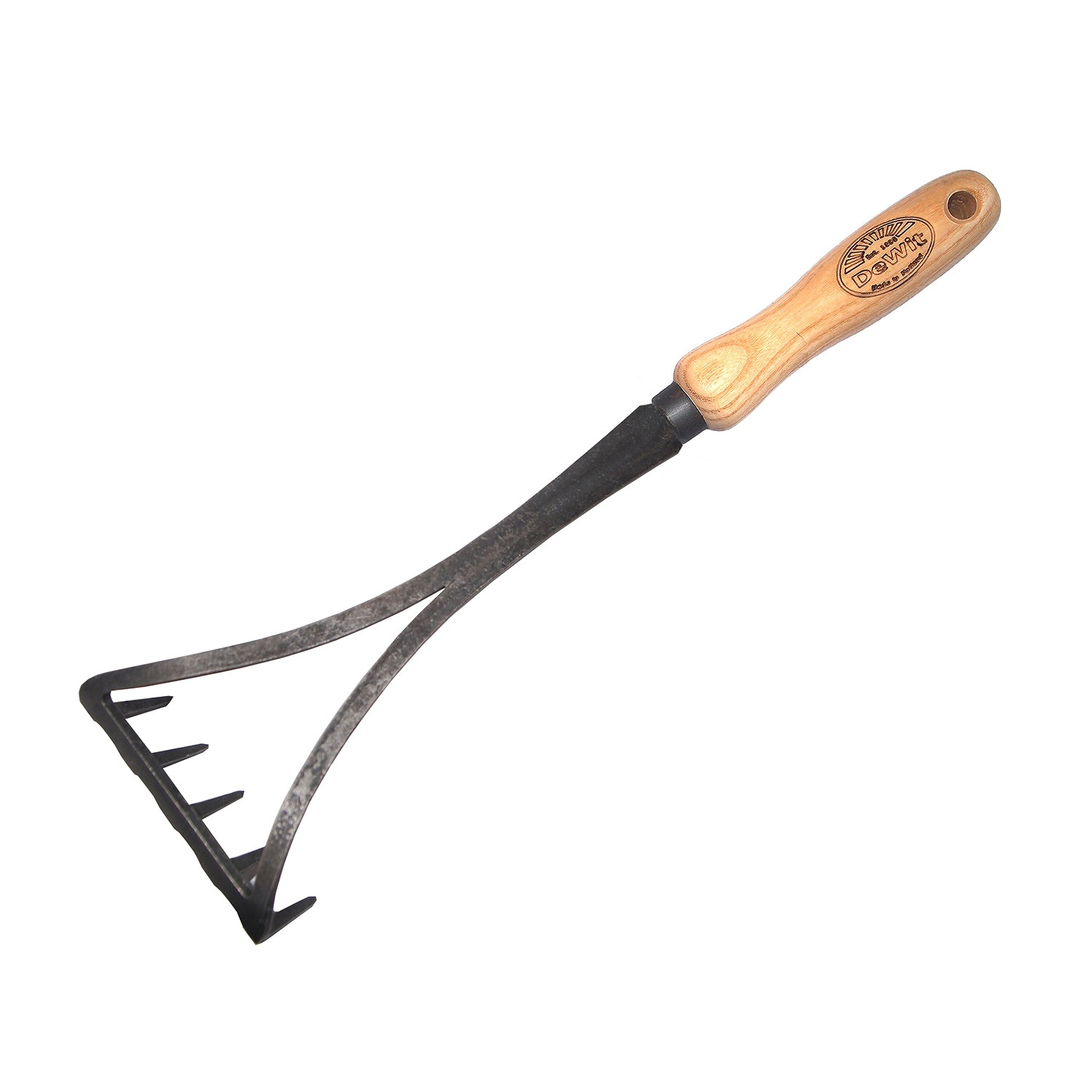 DeWit Bio Rake Cultivator with hardwood handle and 5-tine design.