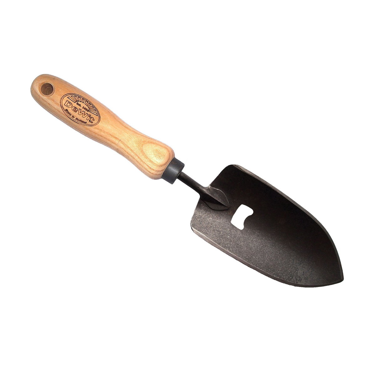 DeWit Bottle Opener Trowel with ash hardwood handle and forged steel head.