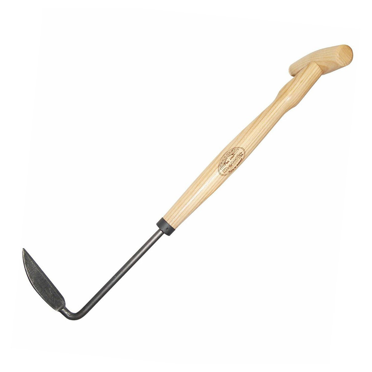 DeWit Cape Cod Left Hand Weeder with ergonomic P-grip handle, tempered boron steel, and ash wood handle.