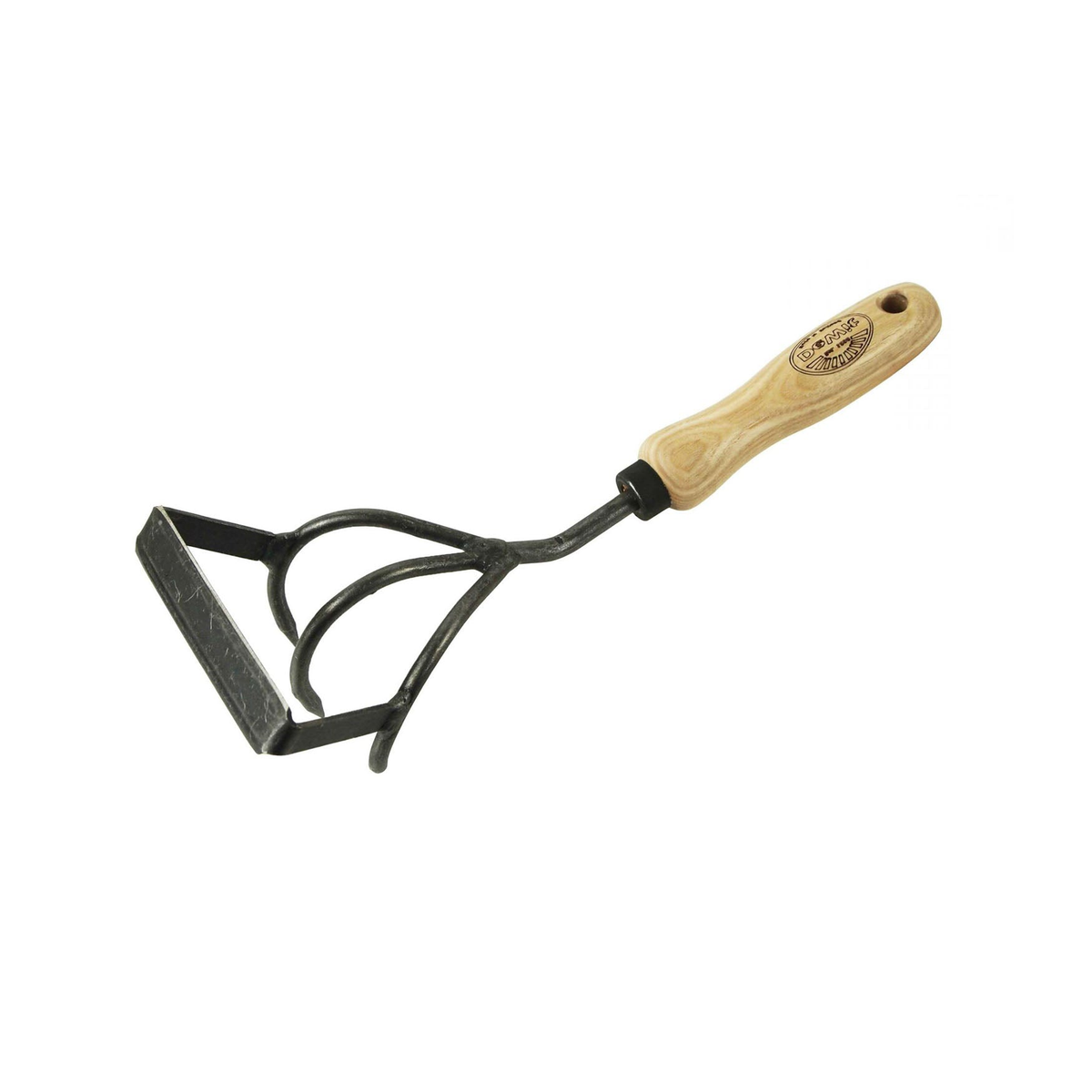 DeWit Cultivator Stirrup Hoe with hardwood handle and 3-tine design for weeding, made of durable boron steel.