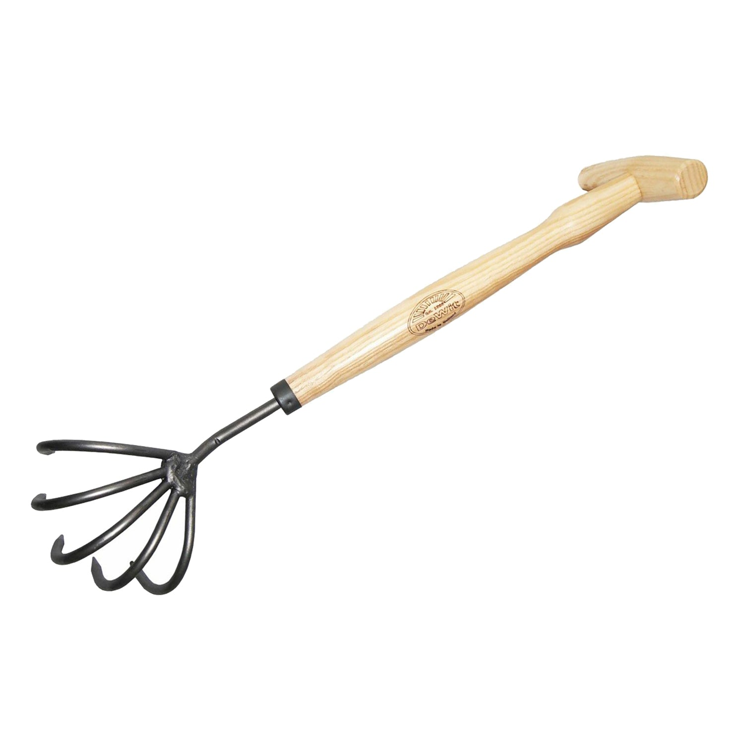 DeWit 5 Tine Cultivator with ergonomic P-Grip handle, boron steel head, ash hardwood handle, 16.5" in length for gardening.