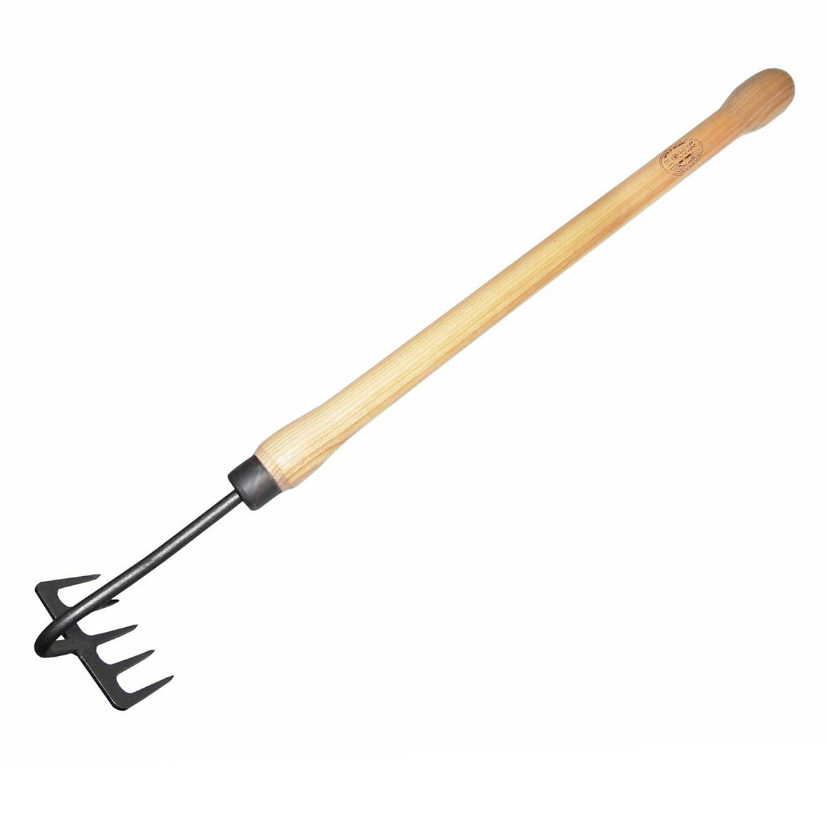 DeWit 5 Tine Drop Grip Rake, durable tempered boron steel head, ash hardwood handle, ideal for raised beds and aeration.