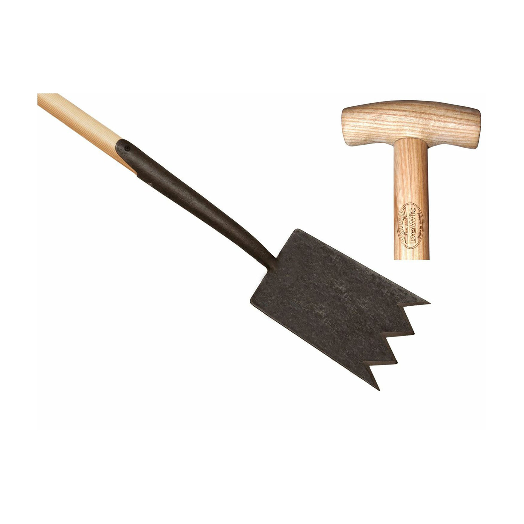 DeWit Forged Shark Tooth Spade with T-handle and durable forged steel head, ideal for tough digging tasks.