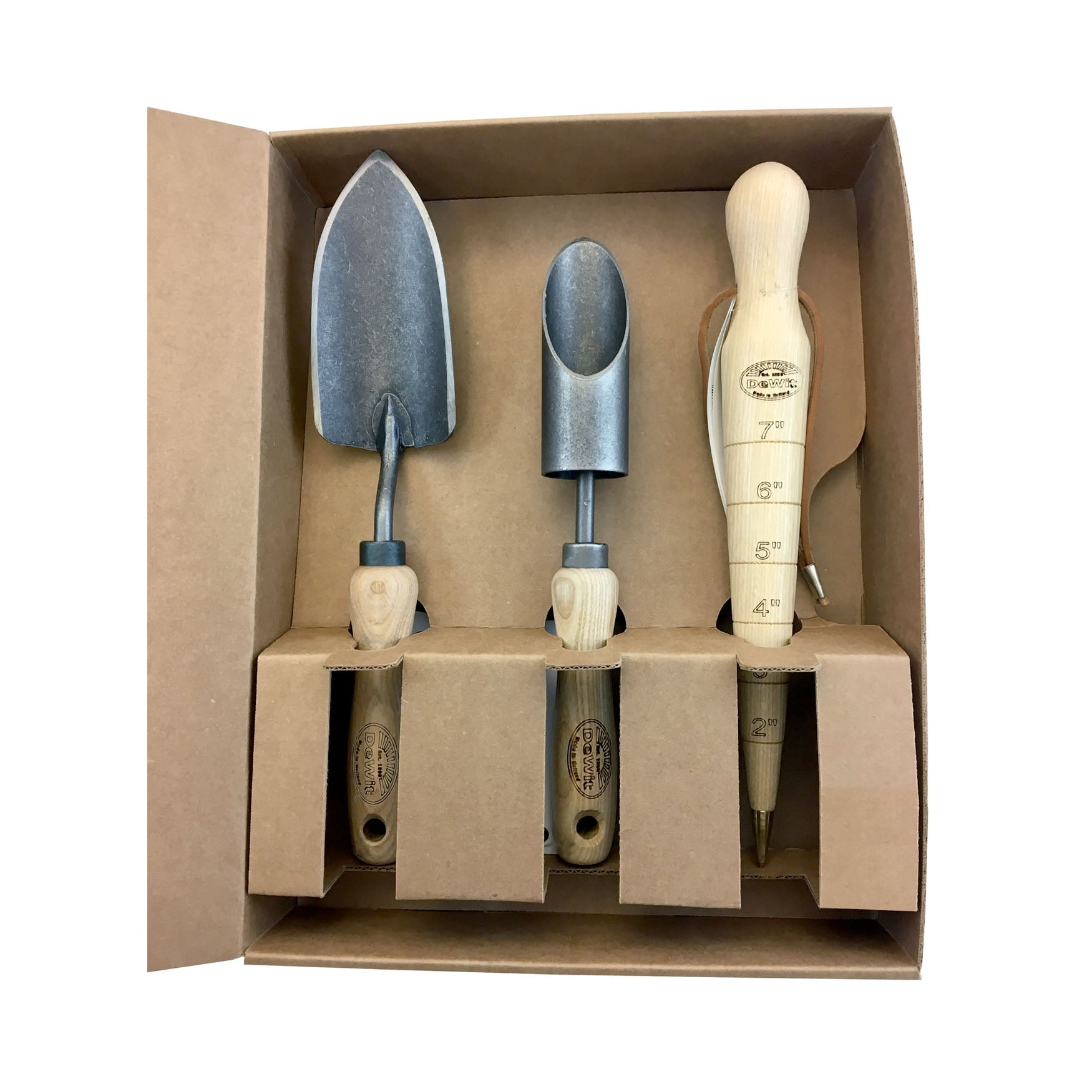 DeWit 3-piece bulb planting tool gift set in box with amaryllis bulb planter, wooden dibber, and small forged trowel.