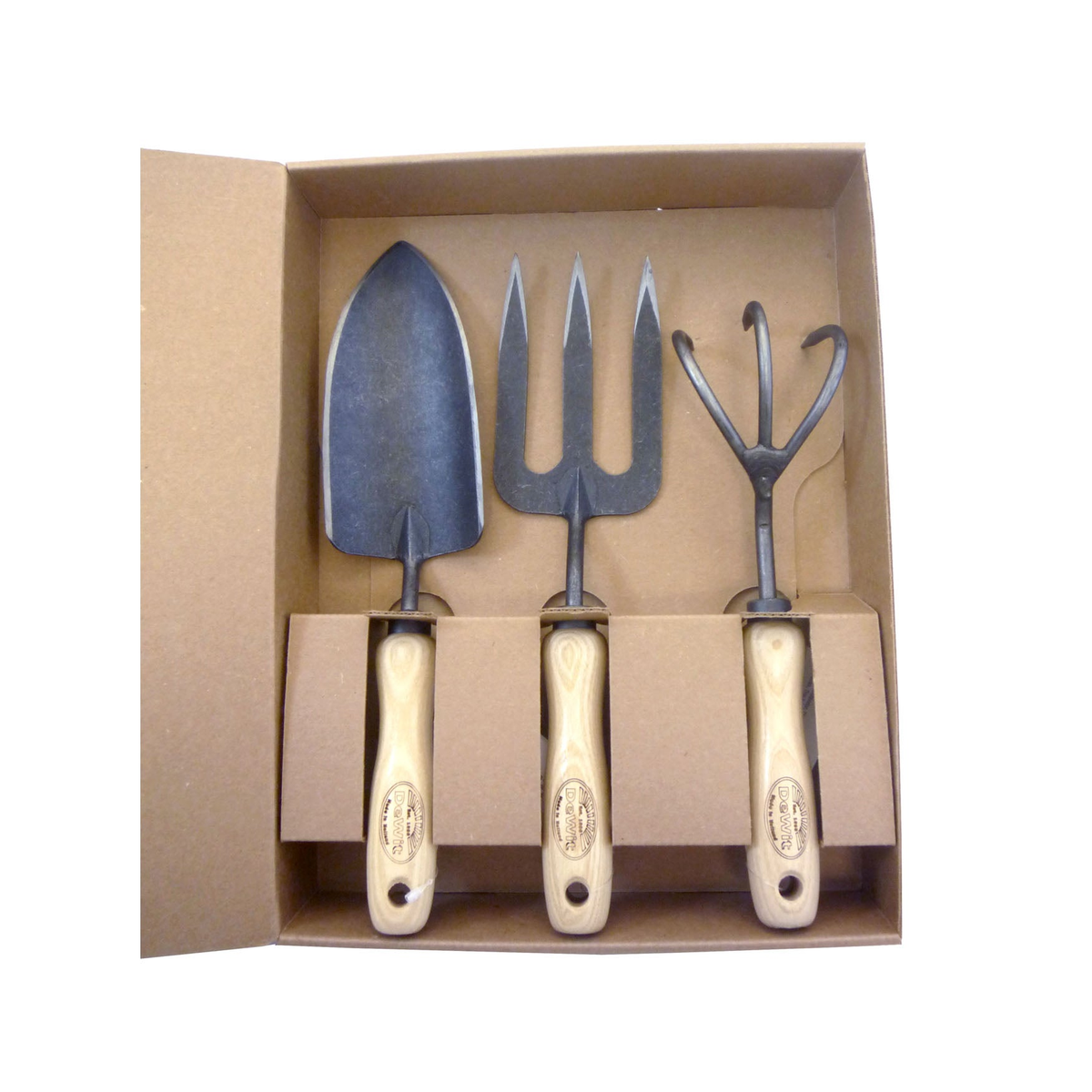 DeWit Gift Set - 3 Piece Essentials with Cultivator, Trowel, and Fork in box.