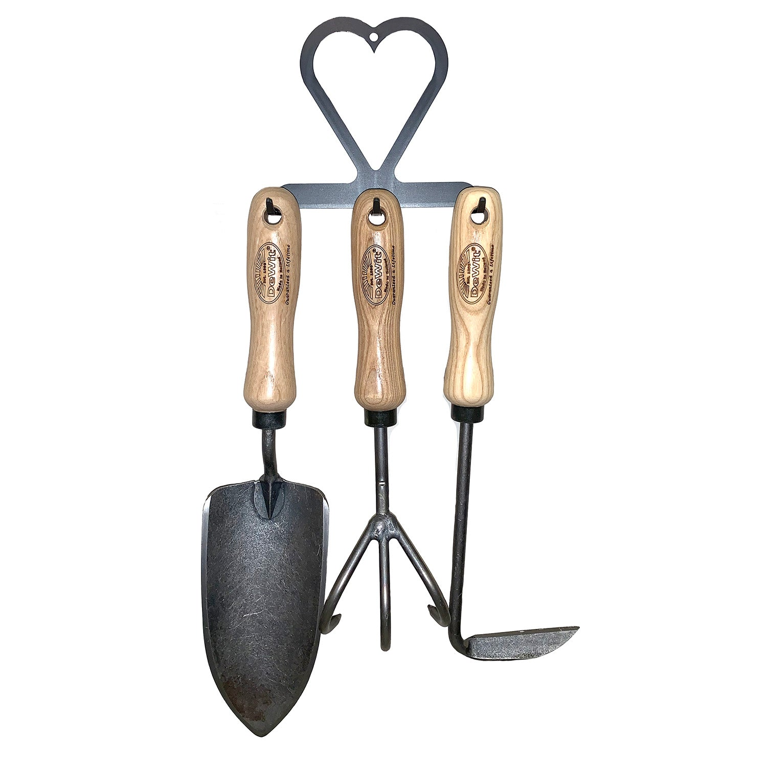 DeWit Gift Set - 3 Piece gardening tools with hanger, featuring forged trowel, 3-tine cultivator, and Cape Cod weeder.