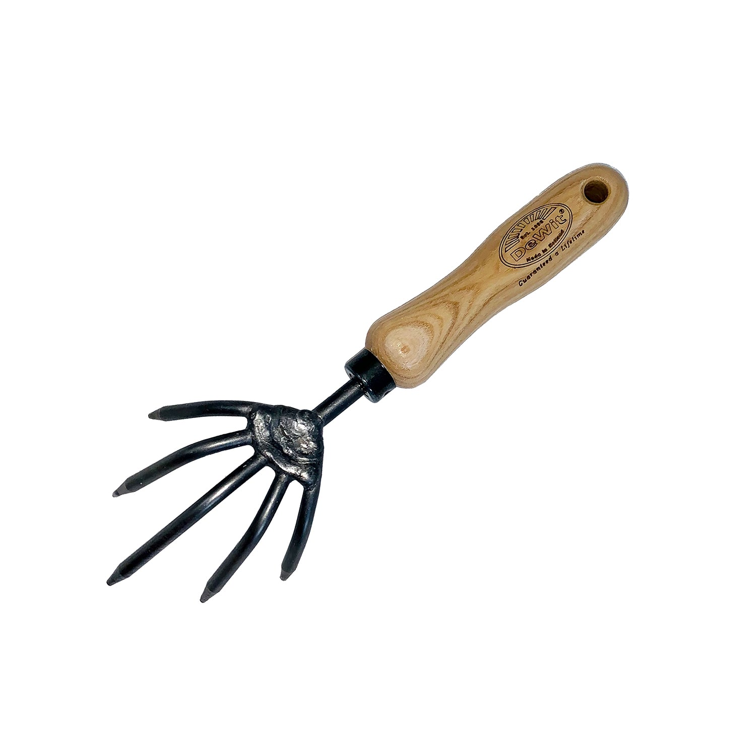 DeWit Hand Claw Cultivator with ash handle, boron steel head, 5-inch by 3.25-inch, ideal for weeding and cultivation.