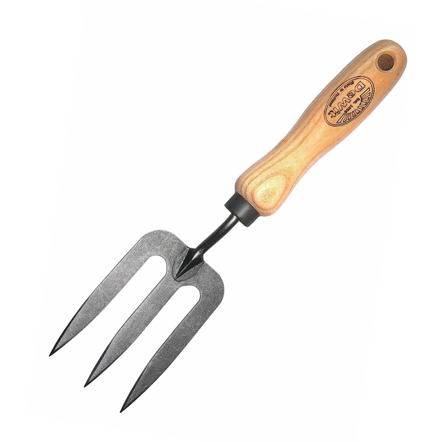 DeWit Hand Fork with ash handle and forged steel head, ideal for small areas and clay soil cultivation.