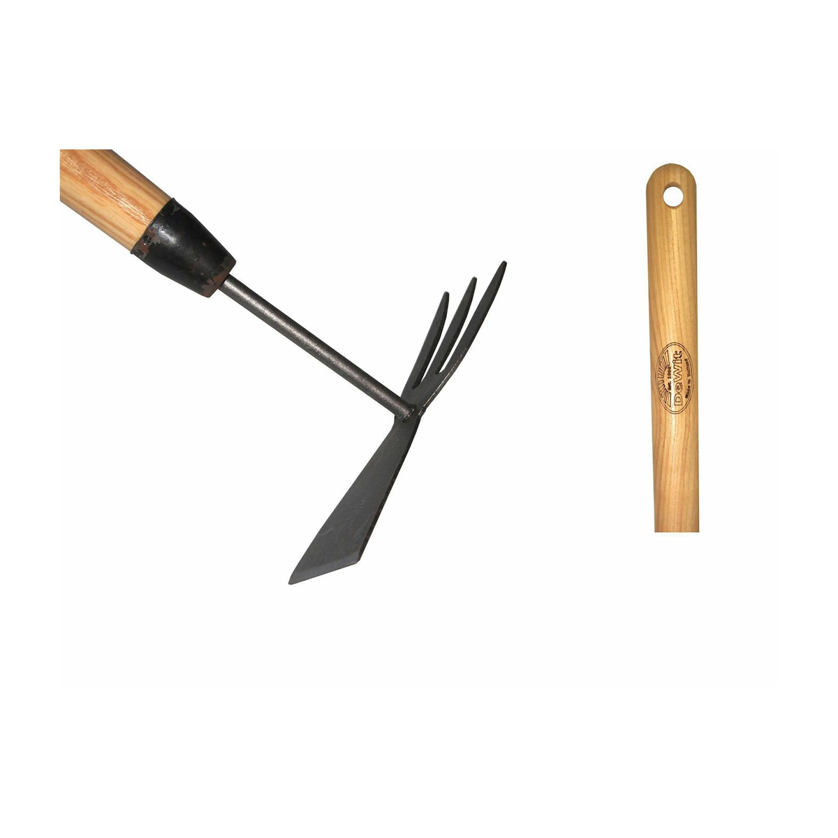 DeWit Junior Double Hoe with long ash handle, ideal for young gardeners and seniors, made of tempered boron steel.