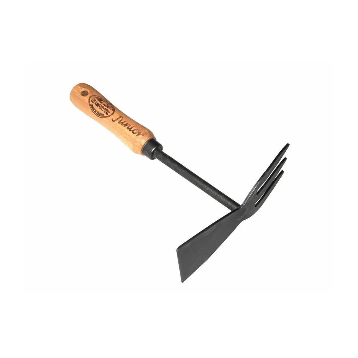 DeWit Junior Double Hoe with boron steel head and ash hardwood handle, ideal for children and seniors, 8 inches long.