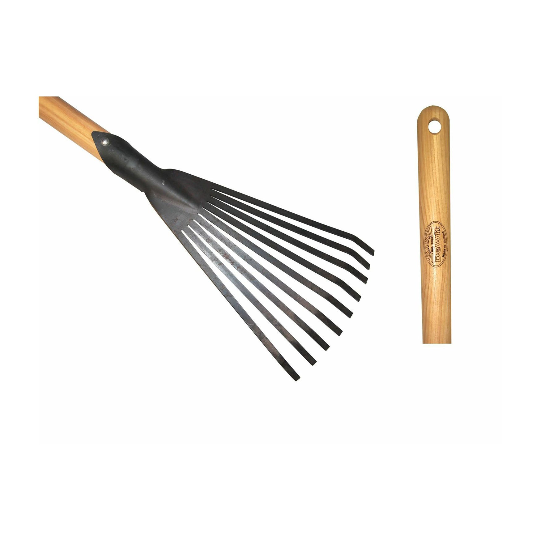 DeWit Junior Leaf Rake with long ash handle and durable boron steel head.