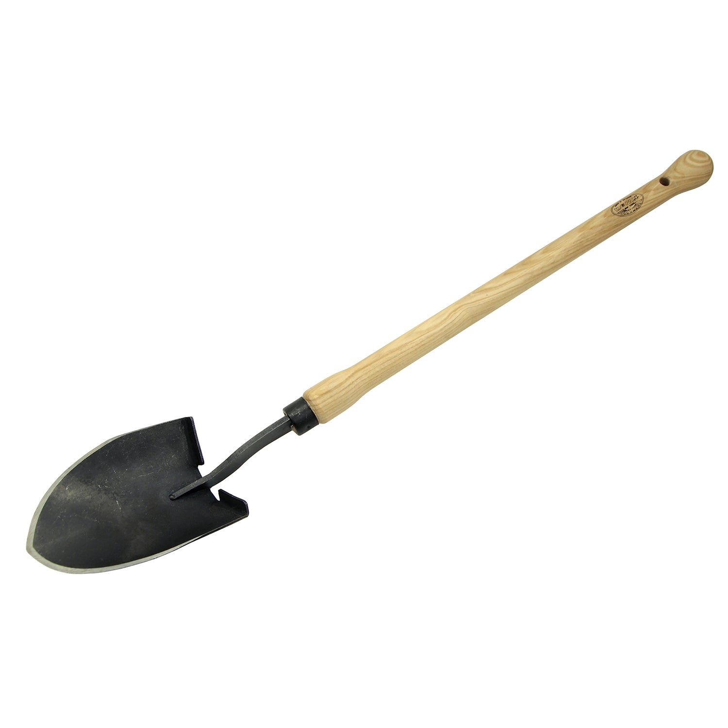 DeWit Mini American Welldone Shovel with Drop Grip, 26.5" total length, 5.5" x 4" head, ash hardwood handle, and boron steel head.